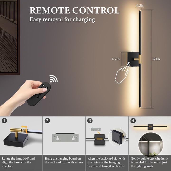 SAIMAND Wall Sconces Set of Two Battery Operated, Wireless USB Rechargeable Wall Lights with Remote, 8000mAh Dimmable LED 3 Color Dimmable Living Room for Bedroom,Hallway,Picture Lamp (30in Black) - Image 4